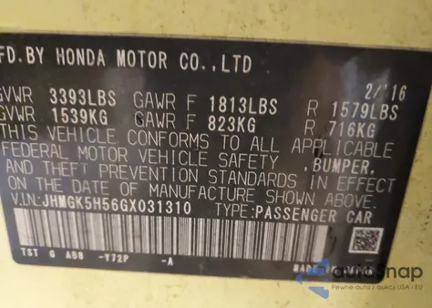 2016 Honda Fit Lx z USA, uszkodzony, nr VIN JHMGK5H56GX031310